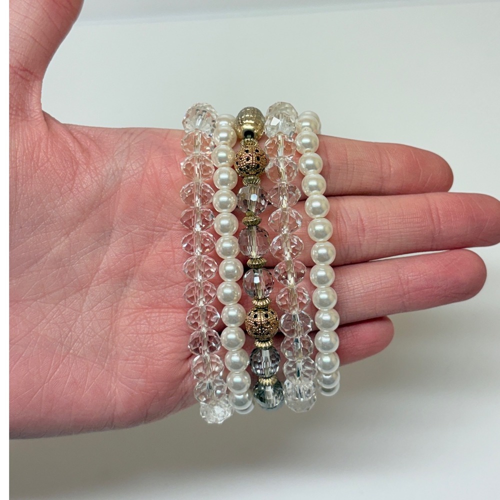Set of 5 Beaded Stretch Bracelets Faux Pearl & Faceted Crystal White Gold